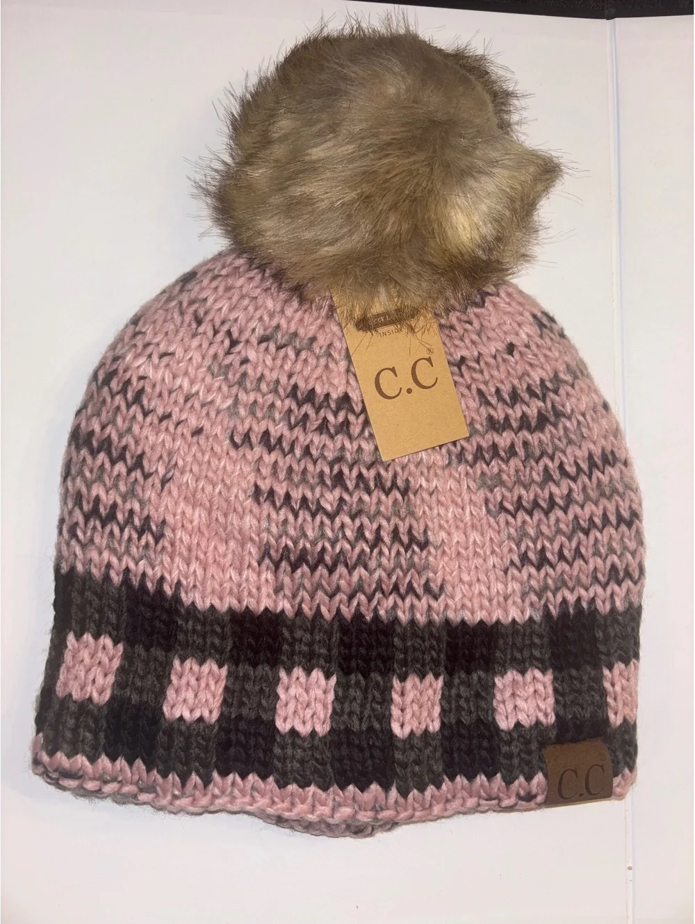 C.C Beanie Dusty Rose Pink Black Knit Faux Fur Pom Hat NWT One Size